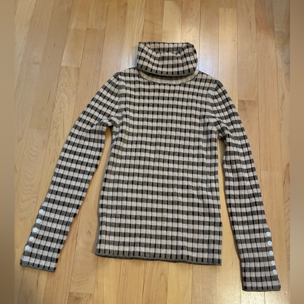 Anthropologie Maeve Checkered Turtleneck Sweater - Black, Tan and Cream
